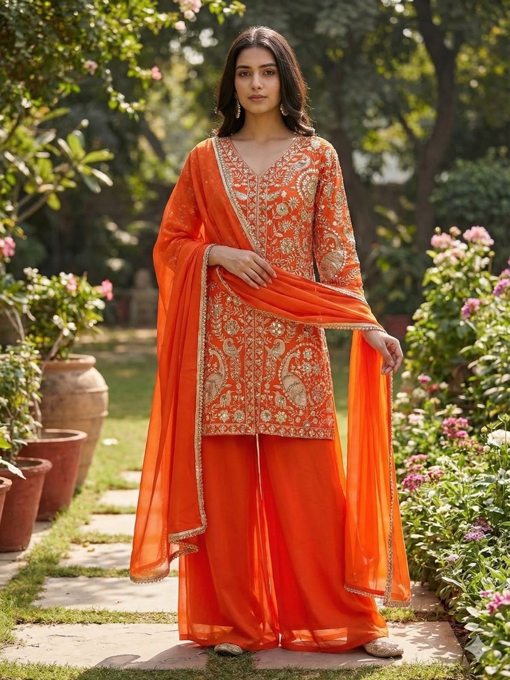 Bollywood Indian Embroidered Orange Women’s Palazzo Suit with Dupatta Set Size M